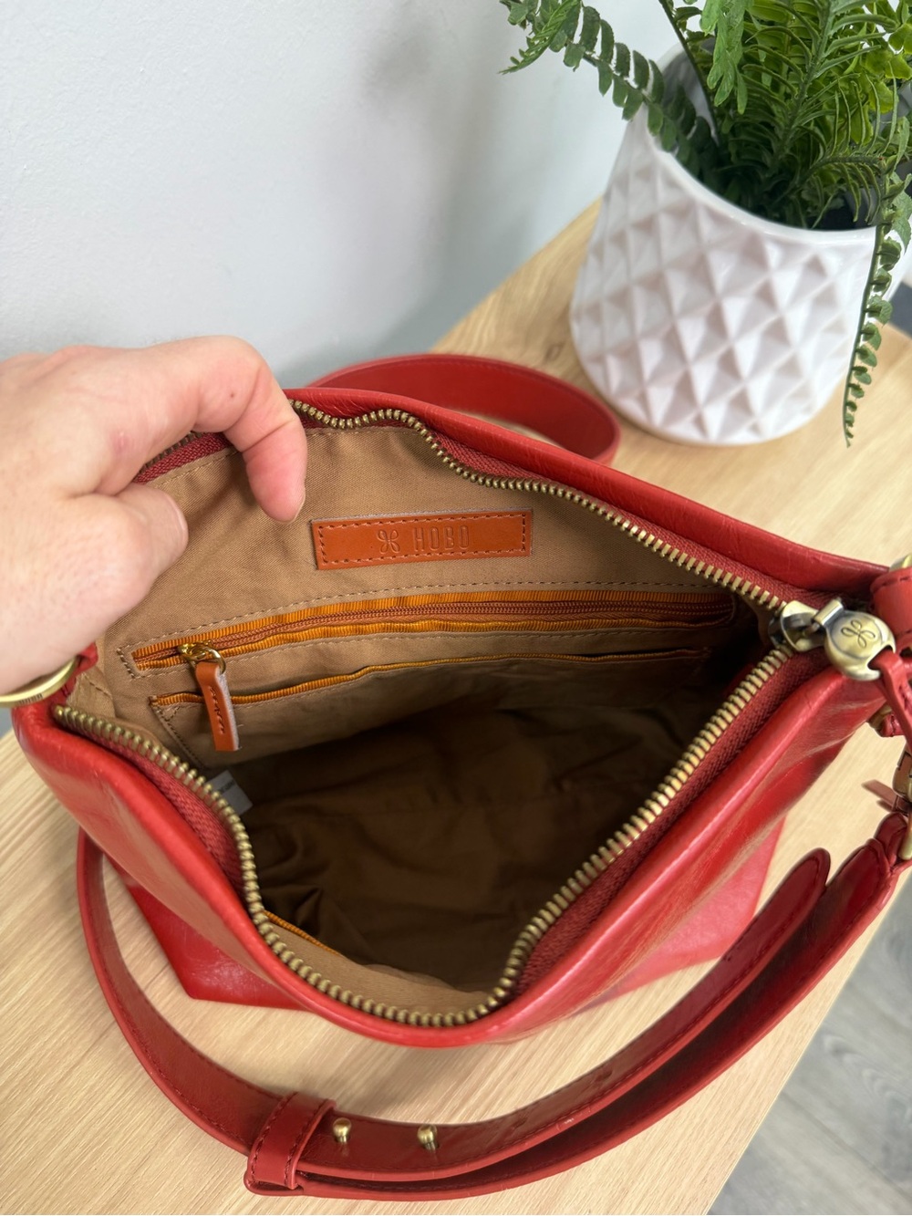 HOBO Women's Ashe Crossbody In Brick Red Leather with Wrist Strap - Picture 12 of 14